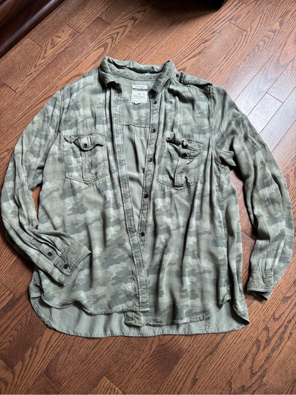 American Eagle Outfitters Olive Camo Button-Down Shirt